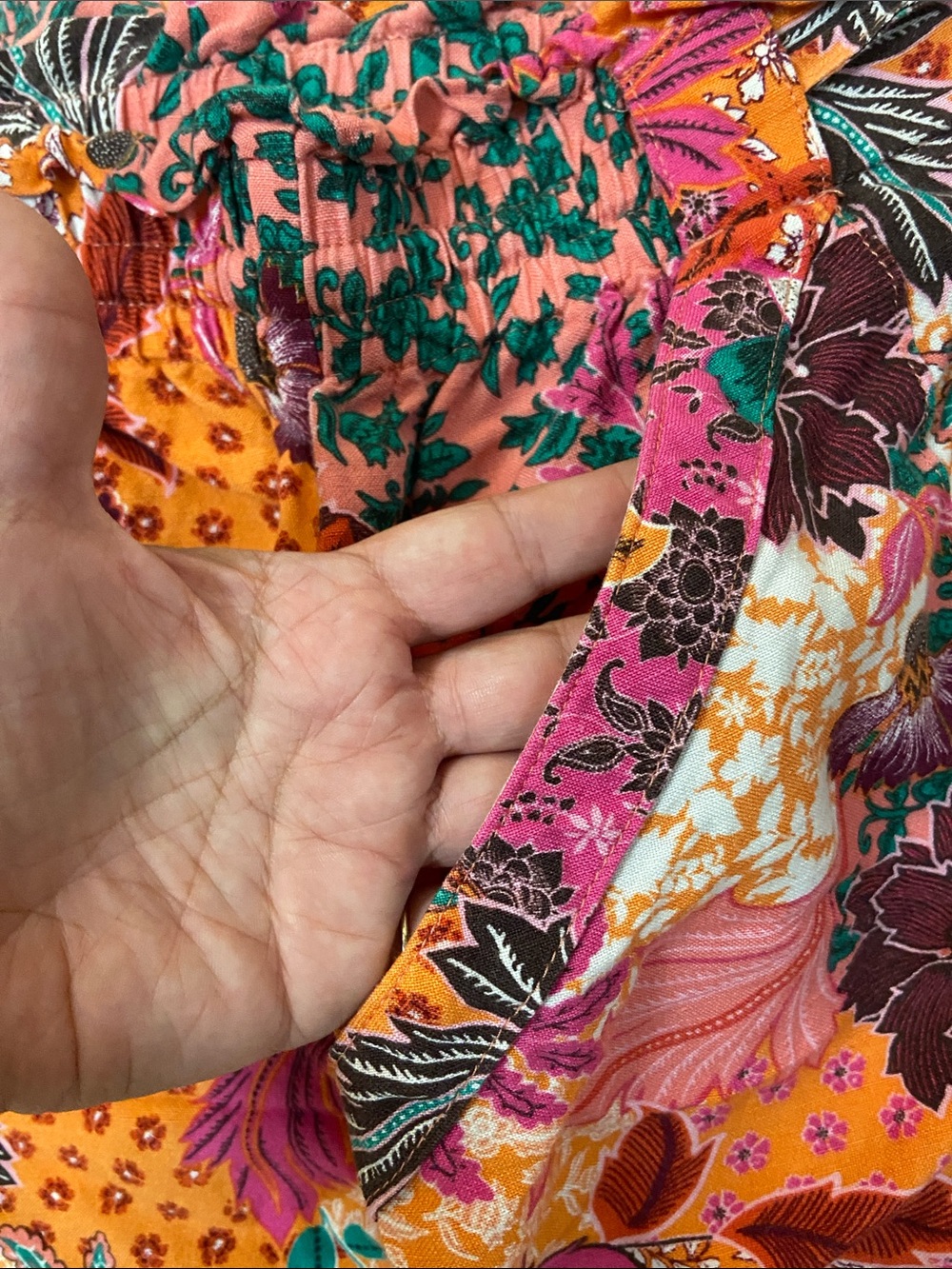 Loft Boho Floral Linen Blend Wide-Leg Pants — Orange & Pink Patchwork - Picture 6 of 7
